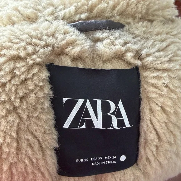 Zara Brown Leather Aviator Jacket with Cream Shearling Trim - Picture 4 of 4